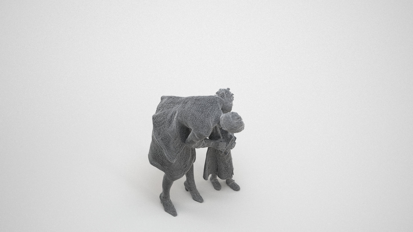 3D human model girl casual kids, photogrammetry scanned person for archviz, wireframe three-quarter view
