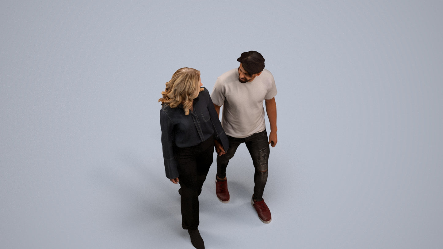 3D human model woman casual couple, photogrammetry scanned person for archviz, back view render