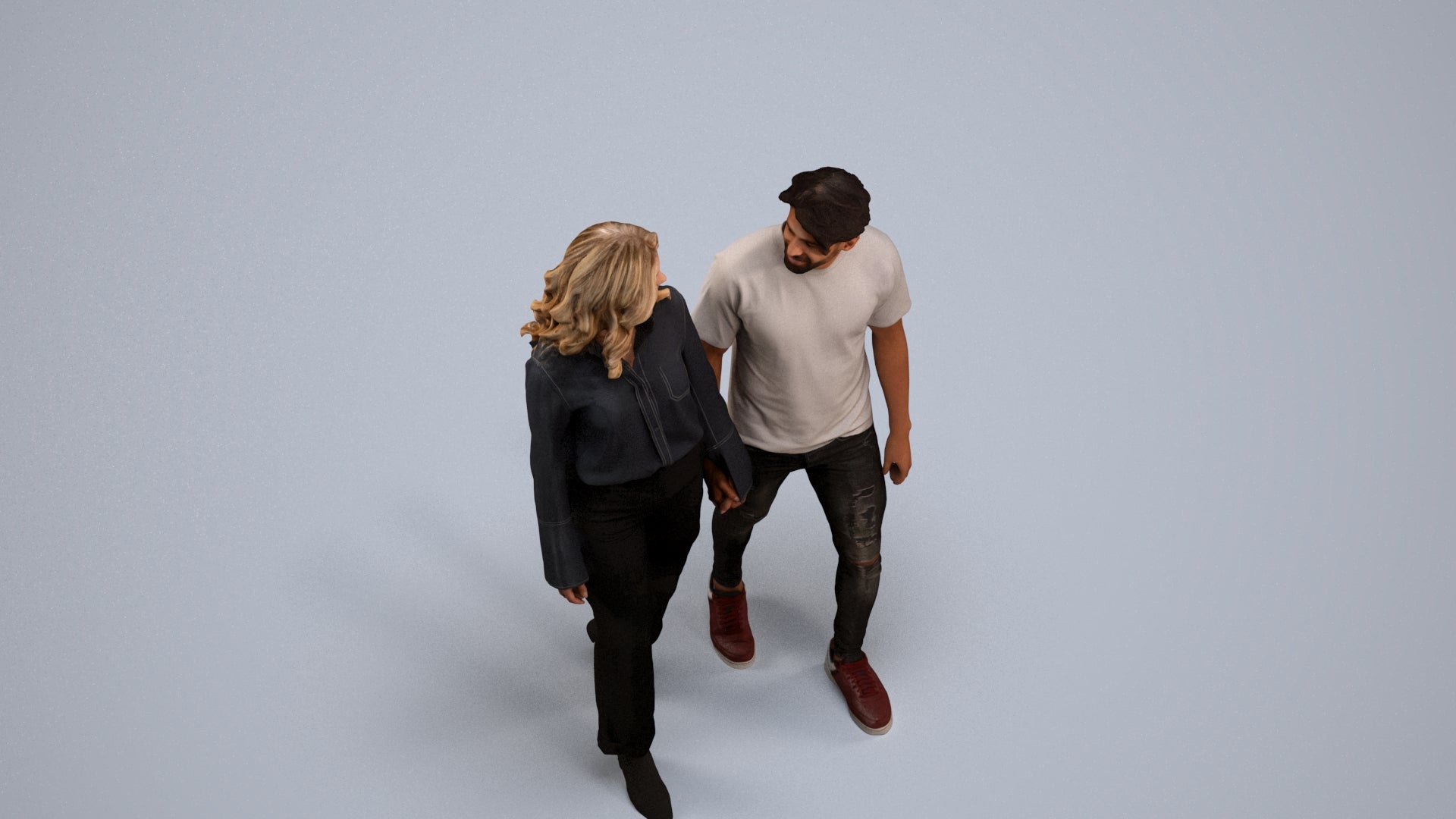 3D human model woman casual couple, photogrammetry scanned person for archviz, back view render