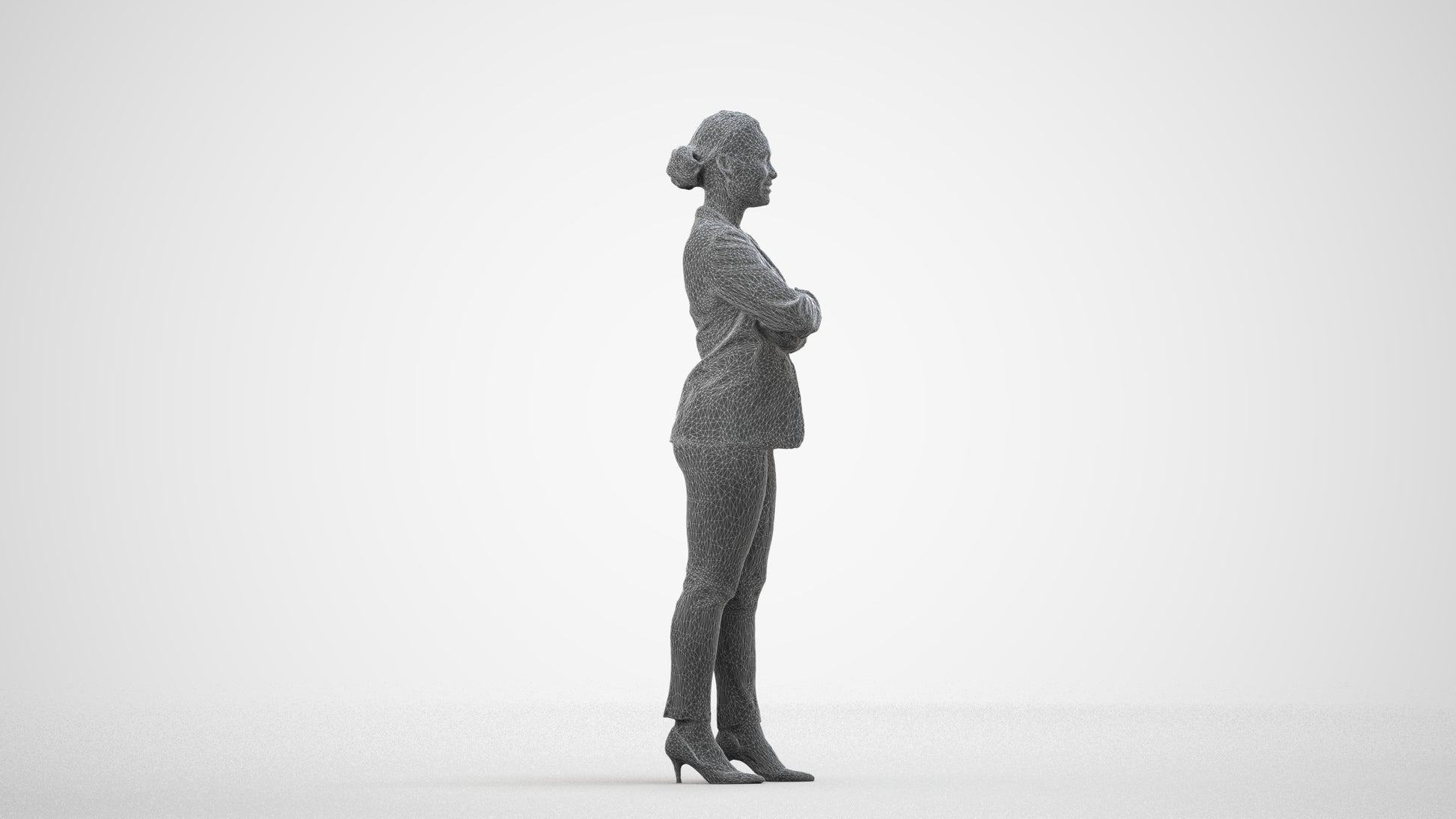 scanned 3D woman business standing, photogrammetry people for Enscape and V-Ray, wireframe side view