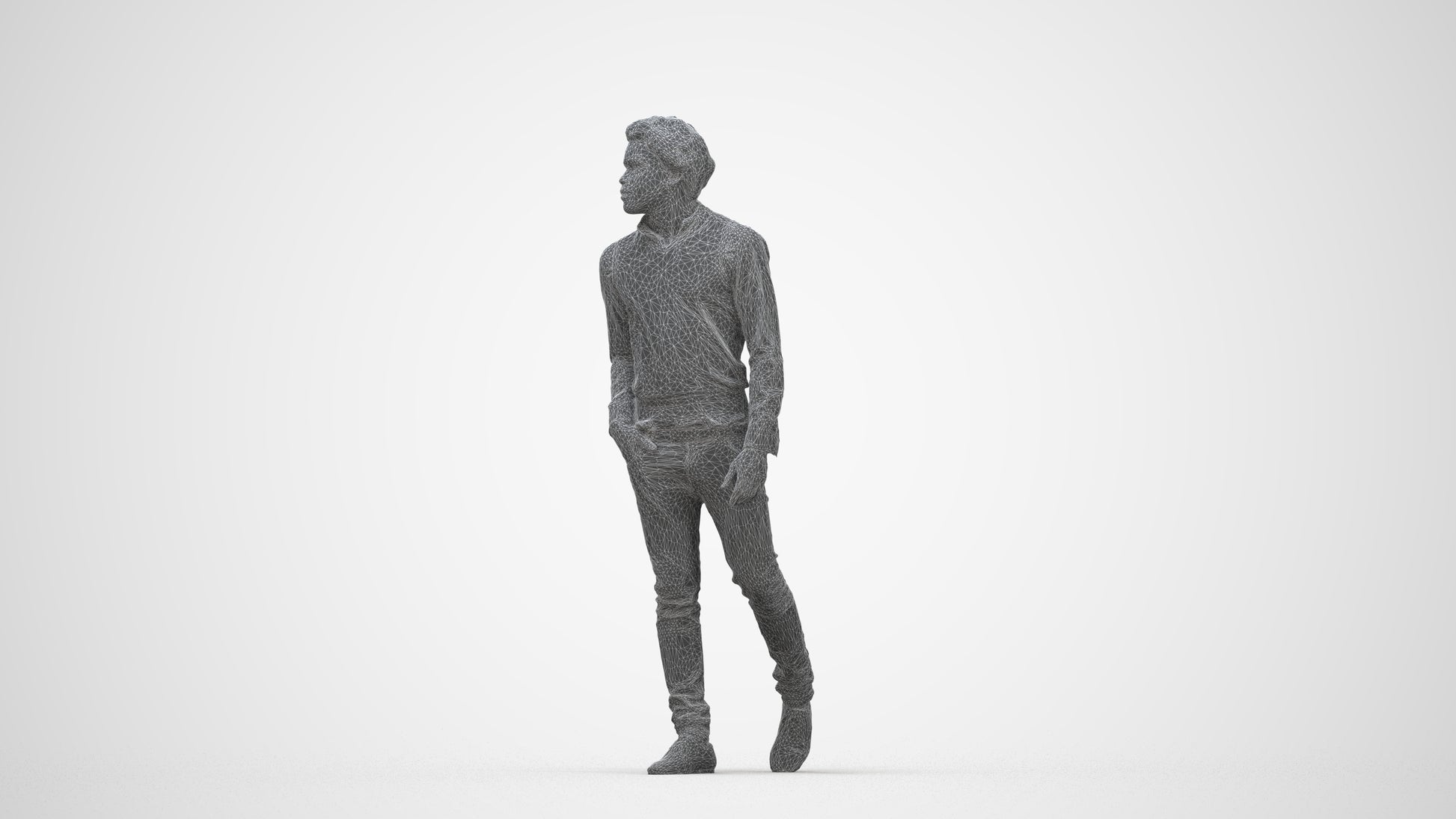 scanned 3D man casual standing, photogrammetry people for Enscape and V-Ray, wireframe back view