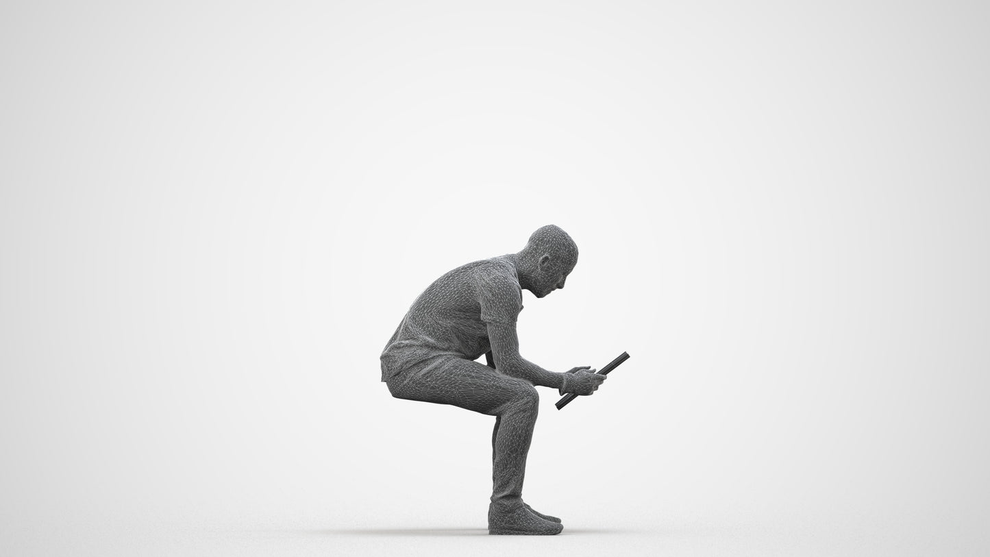 realistic 3D human man casual sitting, archviz people FBX OBJ for Blender, wireframe side view