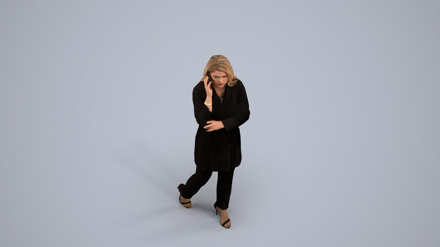 3D human model woman business walking, photogrammetry scanned person for archviz, back view render