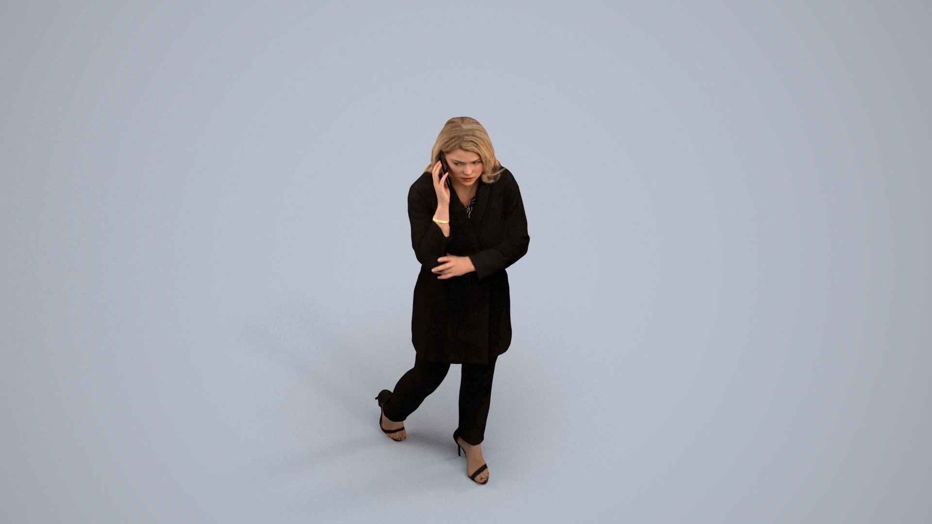 3D human model woman business walking, photogrammetry scanned person for archviz, back view render