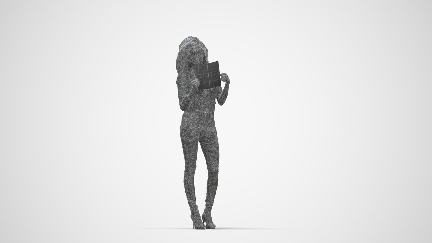 3D human model woman casual standing, photogrammetry scanned person for archviz, wireframe back view