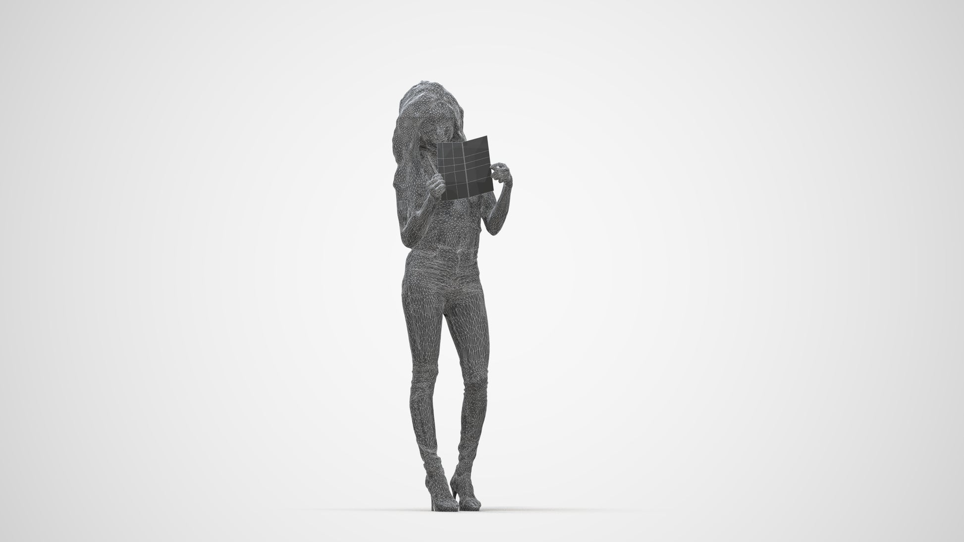 3D human model woman casual standing, photogrammetry scanned person for archviz, wireframe back view