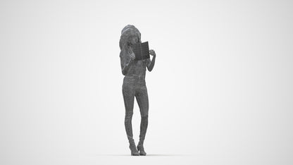 3D human model woman casual standing, photogrammetry scanned person for archviz, wireframe back view
