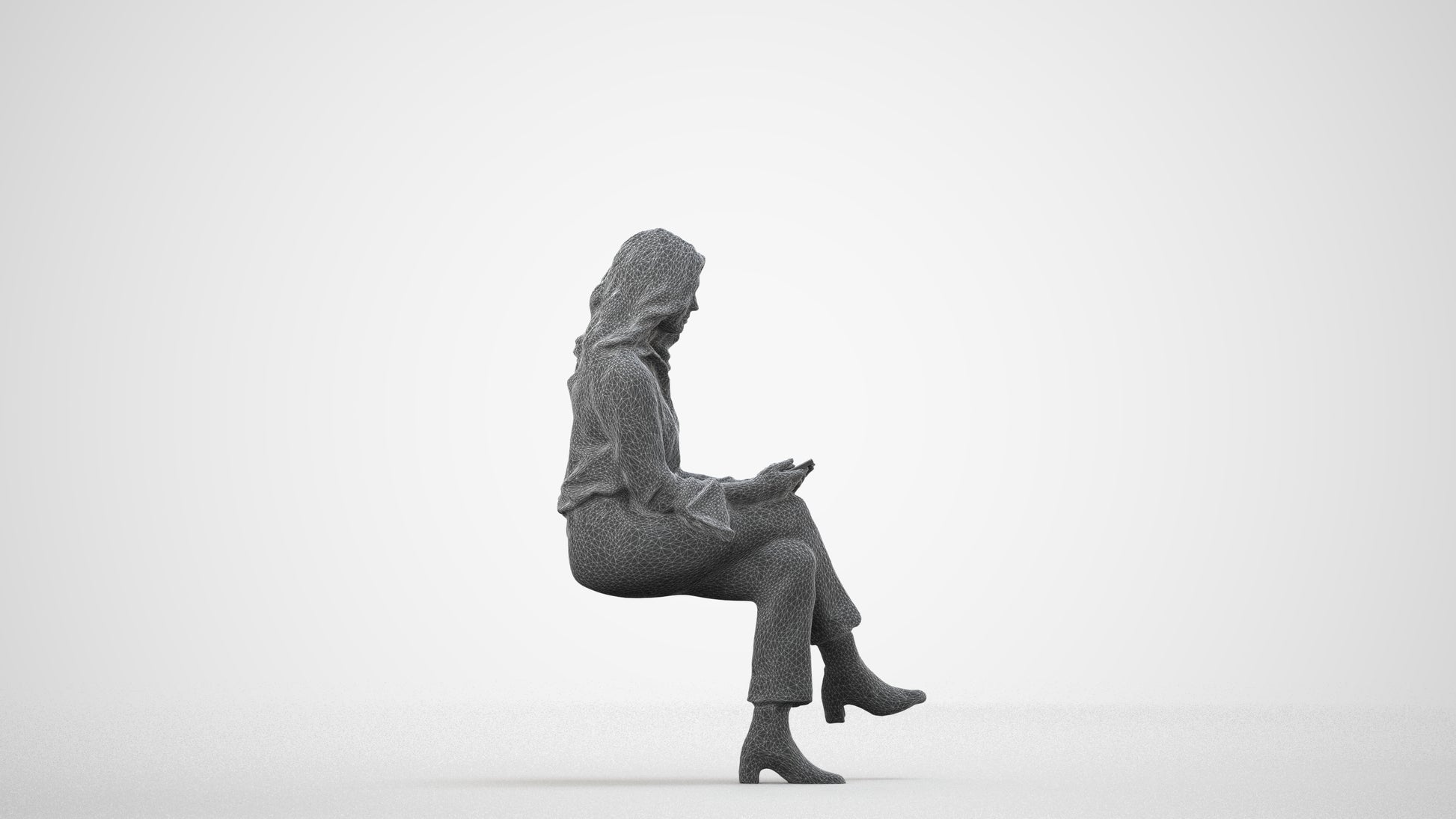 3D human model woman business sitting, photogrammetry scanned person for archviz, wireframe side view