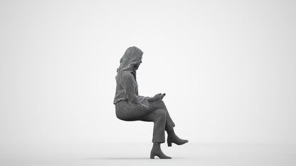 3D human model woman business sitting, photogrammetry scanned person for archviz, wireframe side view
