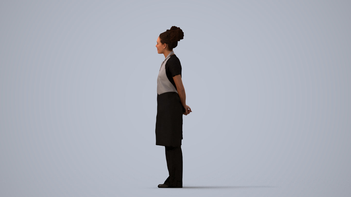 realistic 3D human woman hospitality, archviz people FBX OBJ for Blender, three-quarter view render