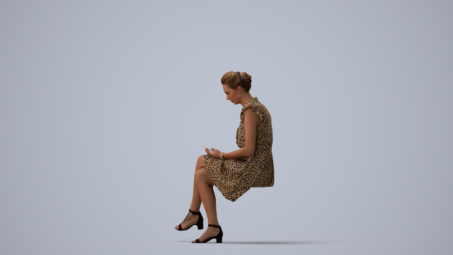 scanned 3D woman casual sitting, photogrammetry people for Enscape and V-Ray, three-quarter view render