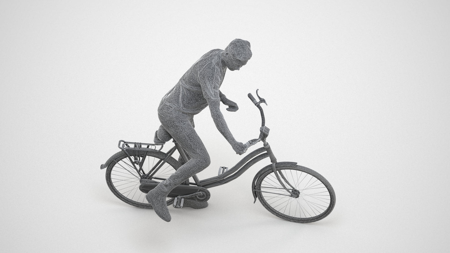 realistic 3D people man casual cycling, render-ready for V-Ray and Corona, FBX OBJ, wireframe three-quarter view
