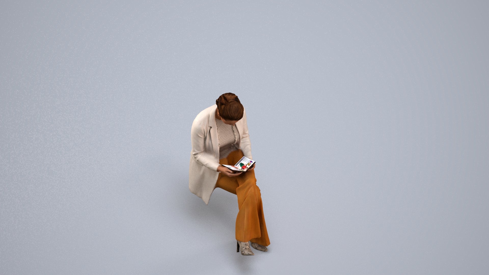 realistic 3D woman business sitting, scanned archviz people for Blender and 3ds Max, back view render