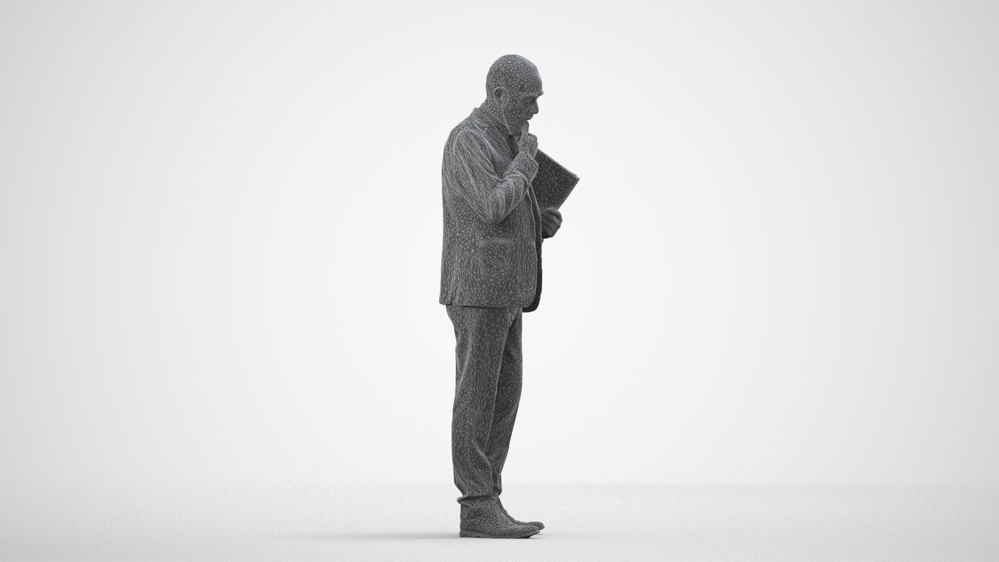 scanned 3D senior man business, photogrammetry people for Enscape and V-Ray, wireframe side view