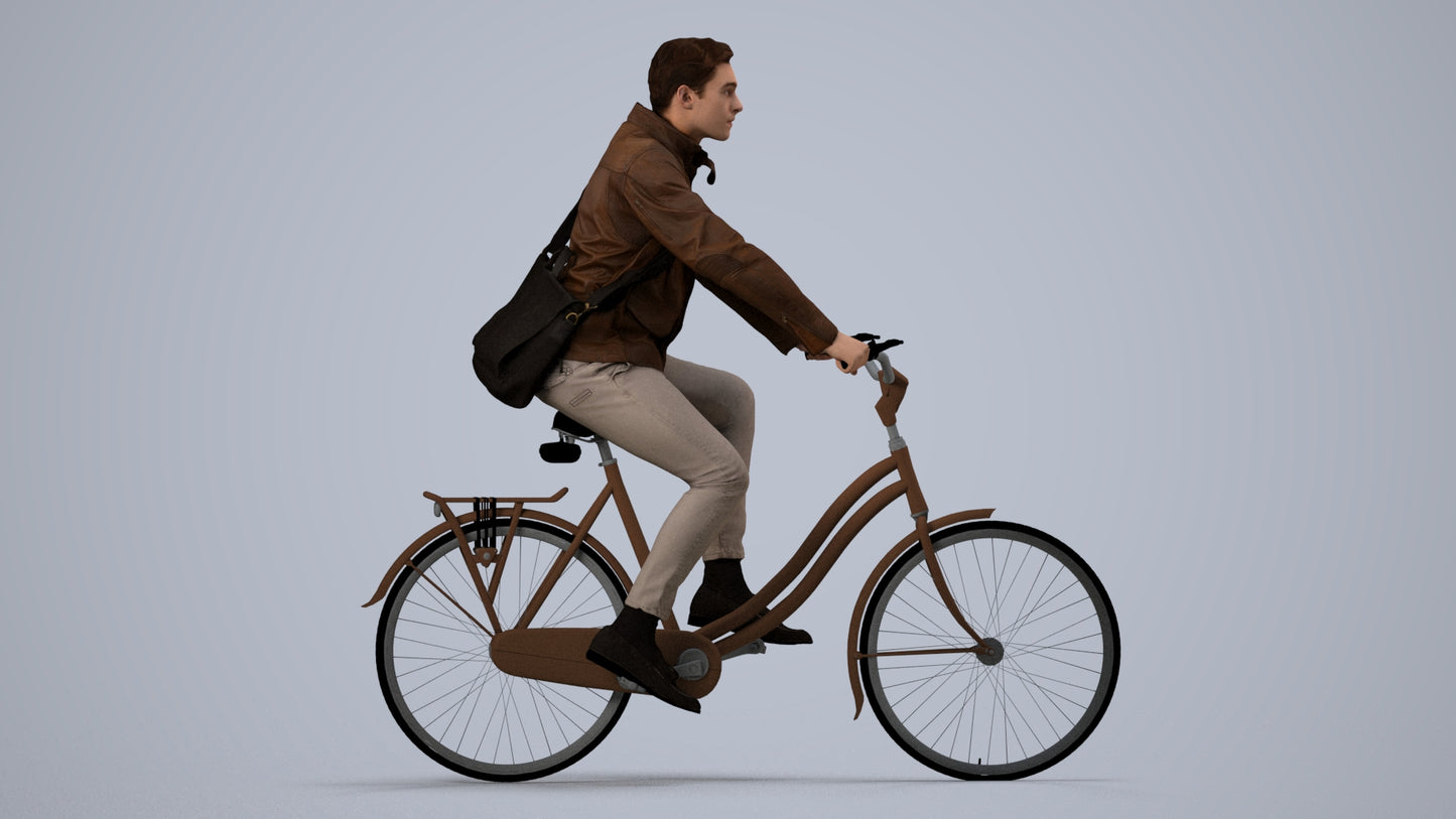 realistic 3D man casual cycling, scanned archviz people for Blender and 3ds Max, side view render