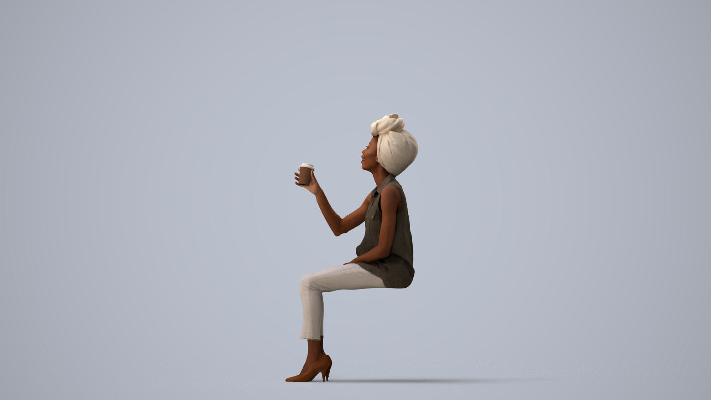 realistic 3D people woman casual sitting, render-ready for V-Ray and Corona, FBX OBJ, three-quarter view render