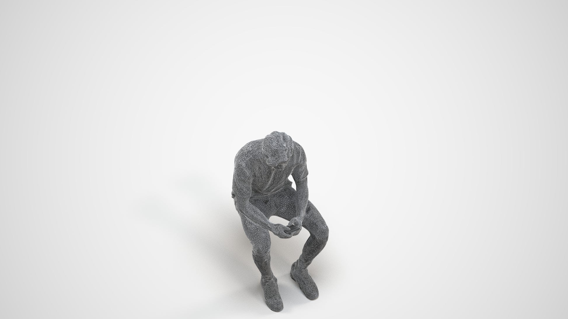 realistic 3D human man casual sitting, archviz people FBX OBJ for Blender, wireframe three-quarter view