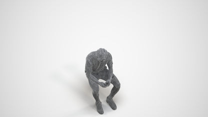 realistic 3D human man casual sitting, archviz people FBX OBJ for Blender, wireframe three-quarter view