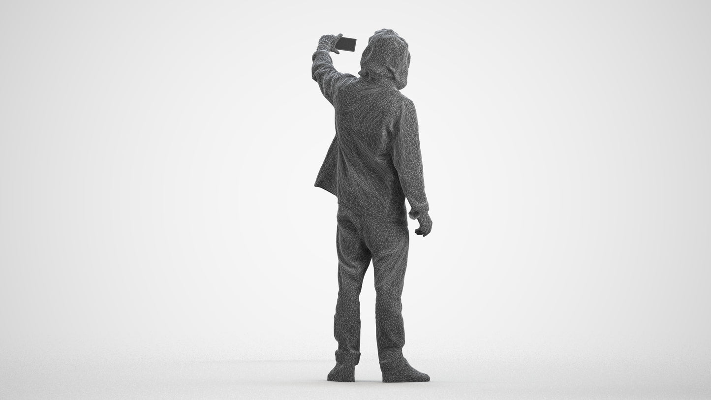 3D human model man casual standing, photogrammetry scanned person for archviz, wireframe front view