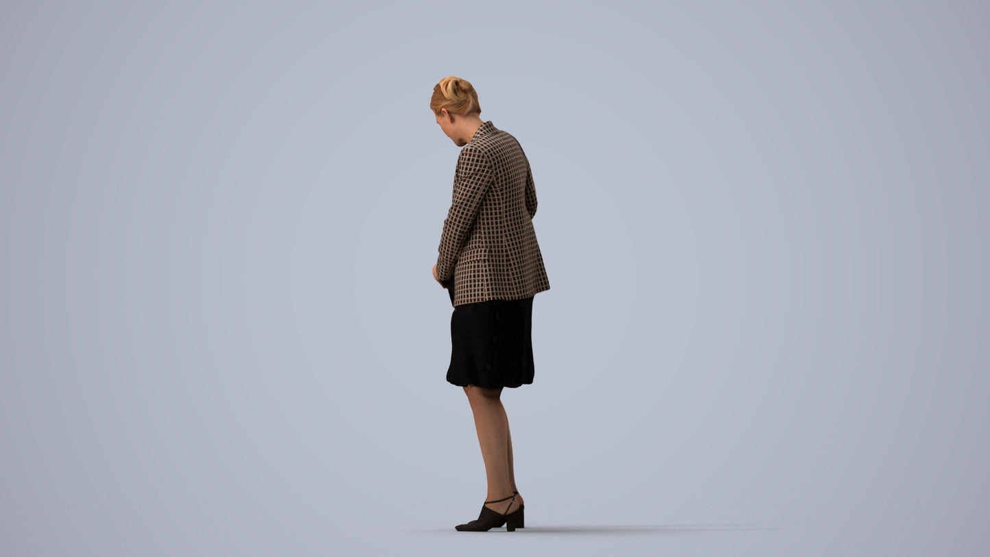 photogrammetry 3D woman business standing, realistic human model archviz FBX, three-quarter view render