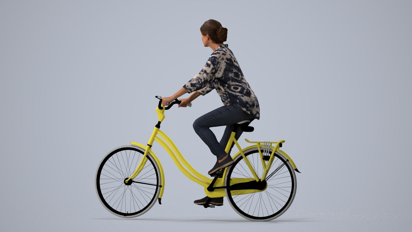photogrammetry 3D woman casual cycling, realistic human model archviz FBX, three-quarter view render