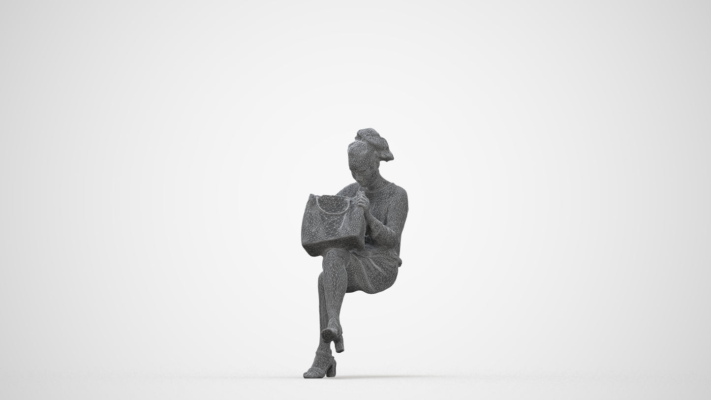 3D people model woman casual sitting, scanned human for 3ds Max rendering, wireframe back view