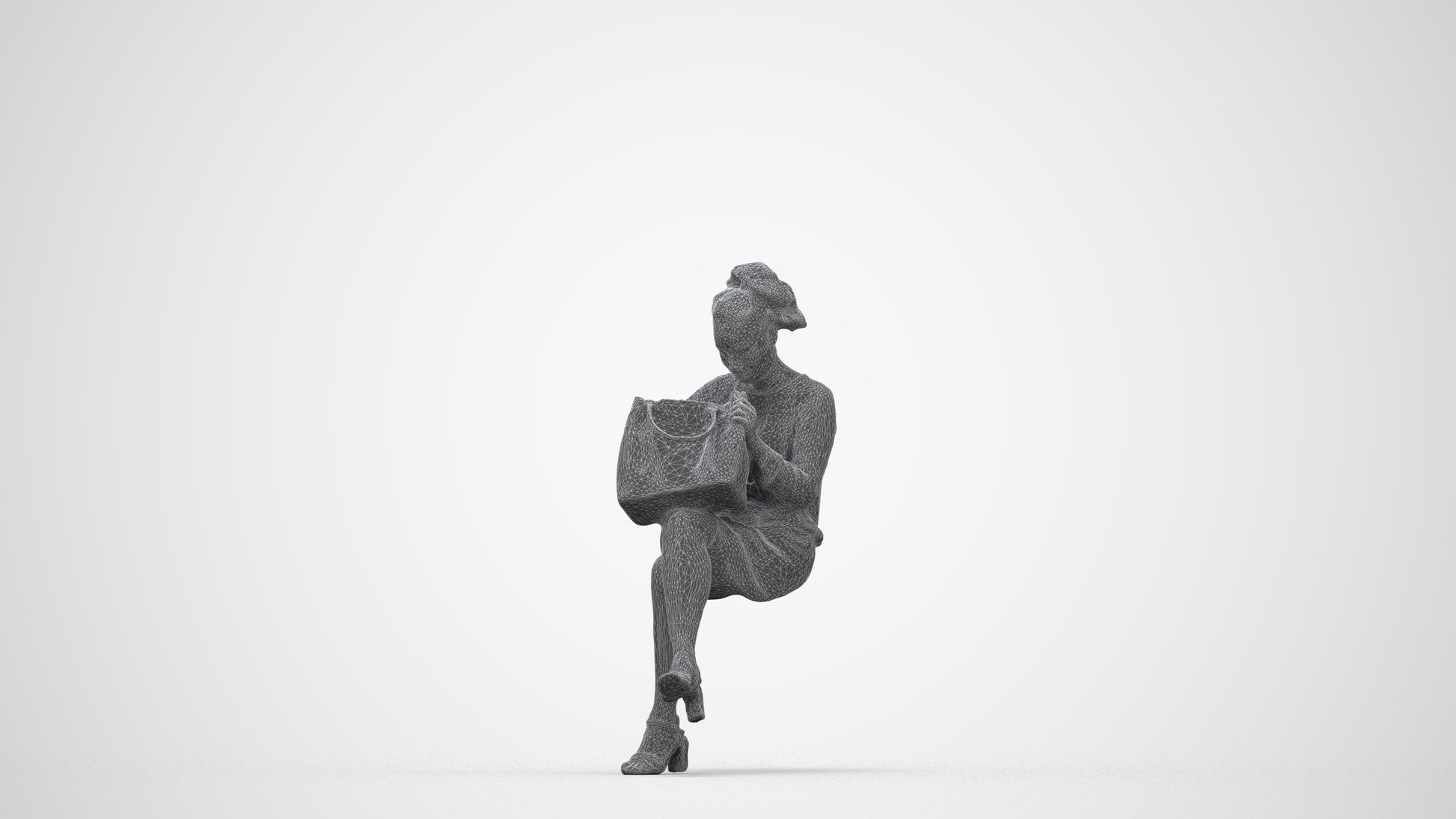3D people model woman casual sitting, scanned human for 3ds Max rendering, wireframe back view