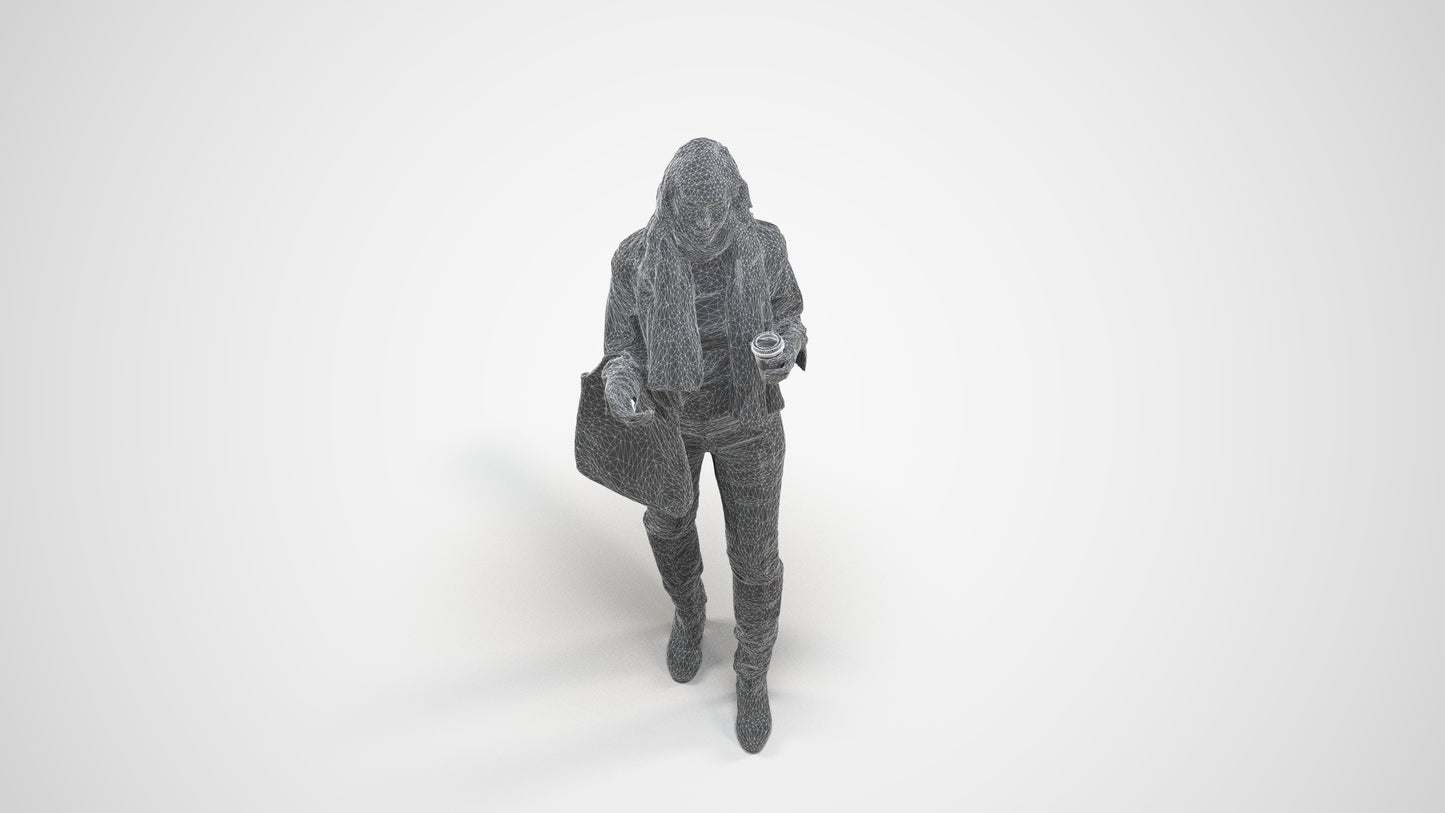 3D human model woman casual standing, photogrammetry scanned person for archviz, wireframe three-quarter view