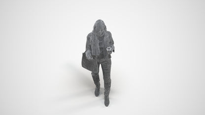 3D human model woman casual standing, photogrammetry scanned person for archviz, wireframe three-quarter view