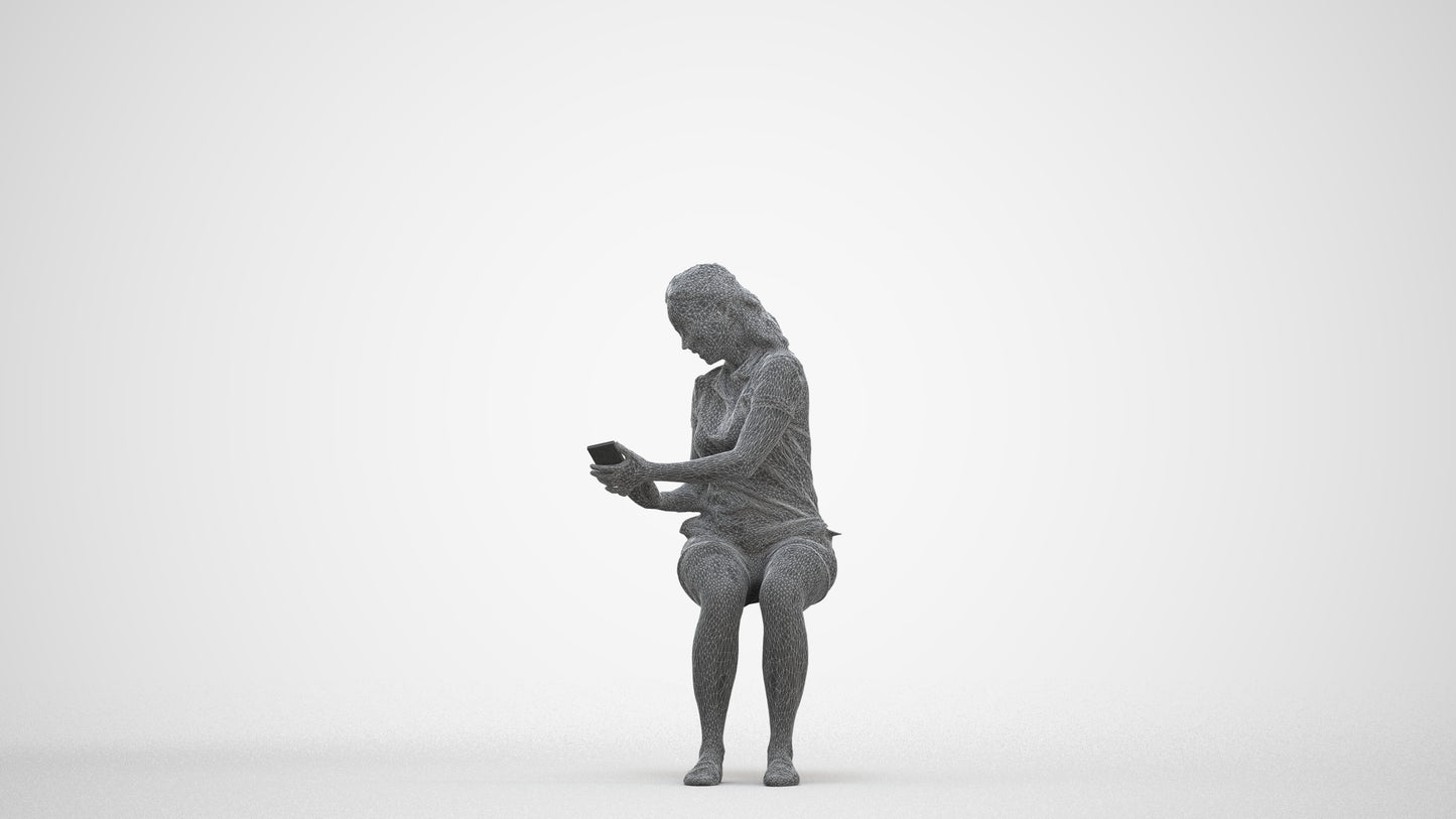 realistic 3D woman casual sitting, scanned archviz people for Blender and 3ds Max, three-quarter front view render