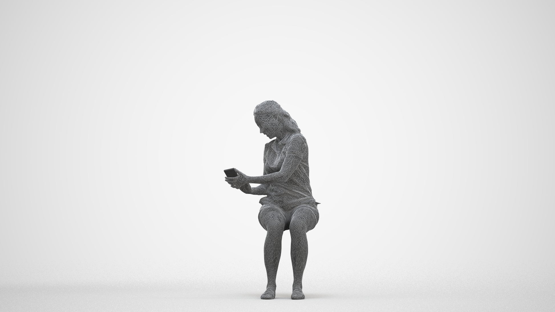 realistic 3D woman casual sitting, scanned archviz people for Blender and 3ds Max, three-quarter front view render