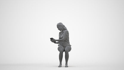 realistic 3D woman casual sitting, scanned archviz people for Blender and 3ds Max, three-quarter front view render