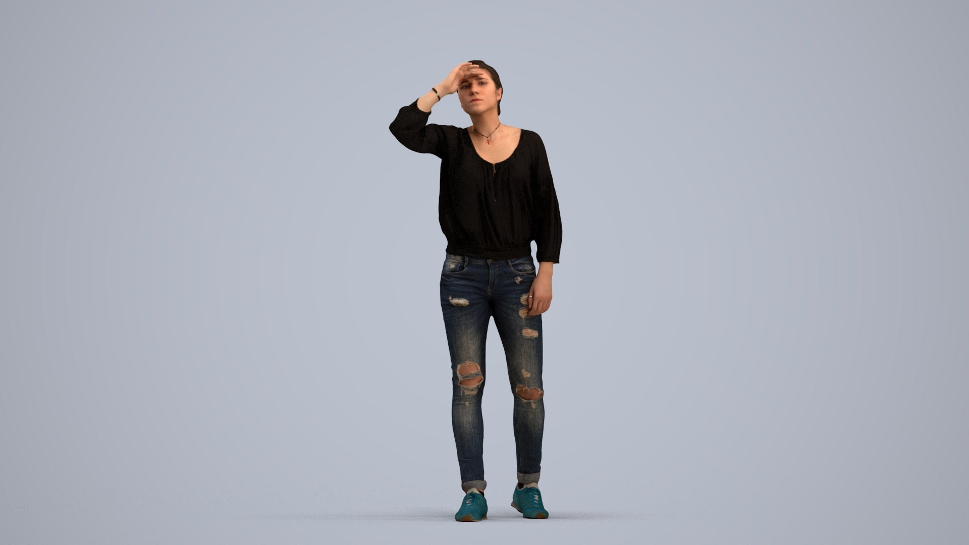 3D scanned woman standing casual, photorealistic archviz people for Enscape and SketchUp, standing pose render