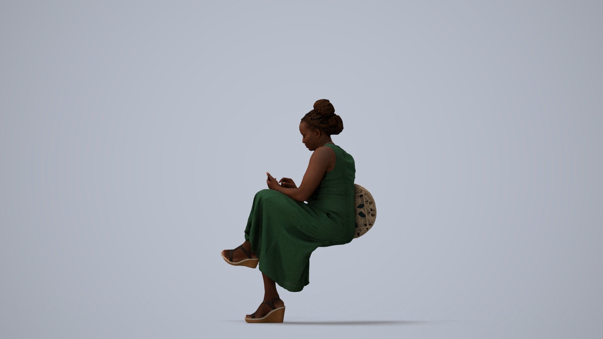 realistic 3D woman casual sitting, scanned archviz people for Blender and 3ds Max, three-quarter view render