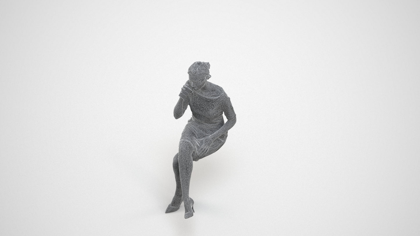 realistic 3D people woman casual sitting, render-ready for V-Ray and Corona, FBX OBJ, wireframe three-quarter view