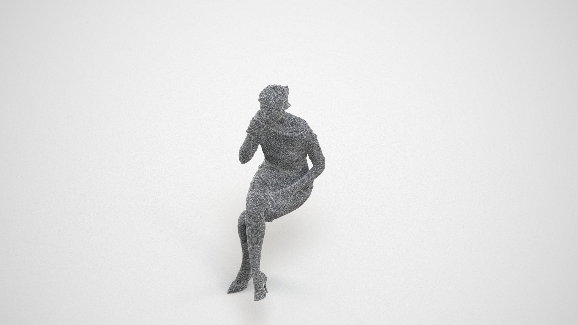 realistic 3D people woman casual sitting, render-ready for V-Ray and Corona, FBX OBJ, wireframe three-quarter view