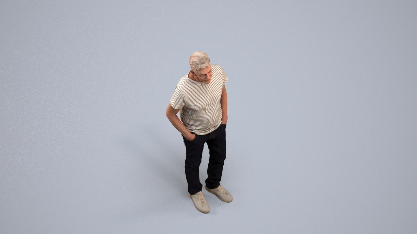 3D human model senior man casual standing, photogrammetry scanned person for archviz, back view render