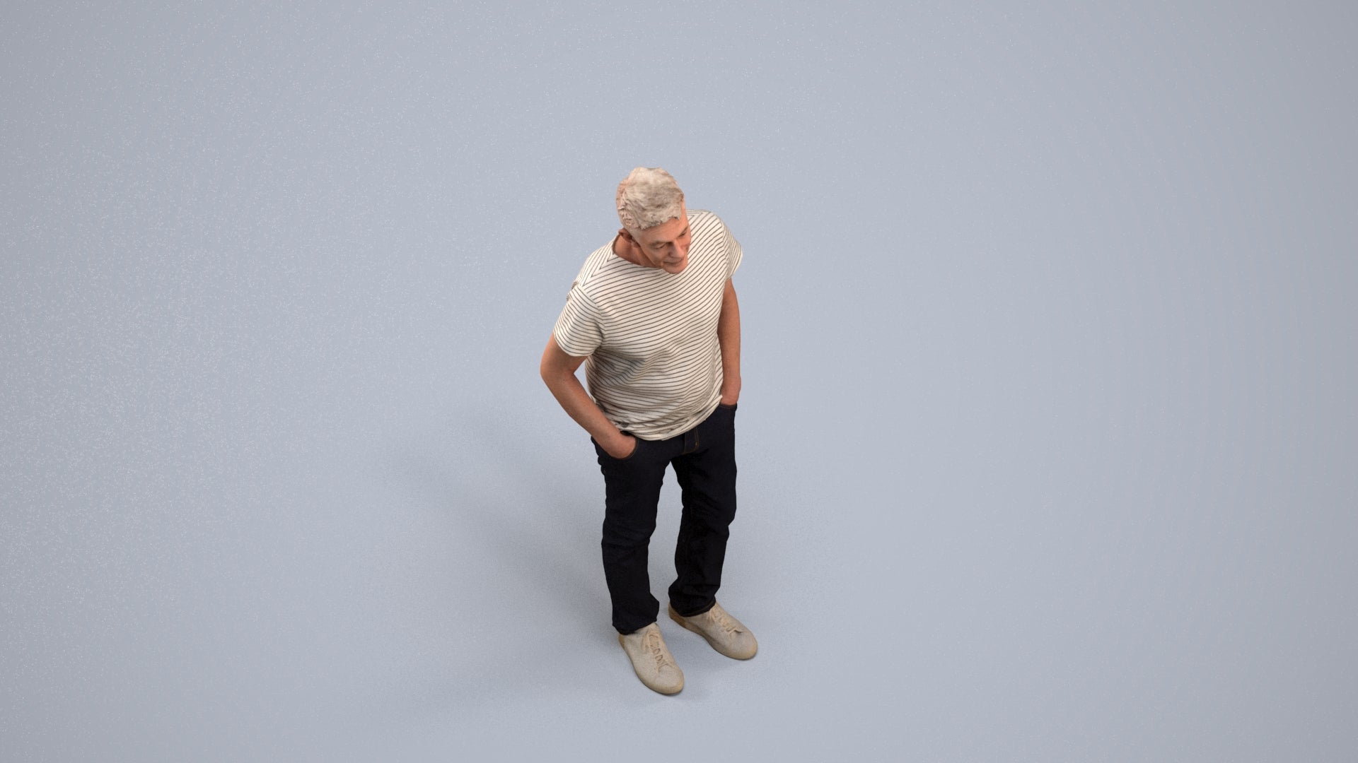 3D human model senior man casual standing, photogrammetry scanned person for archviz, back view render