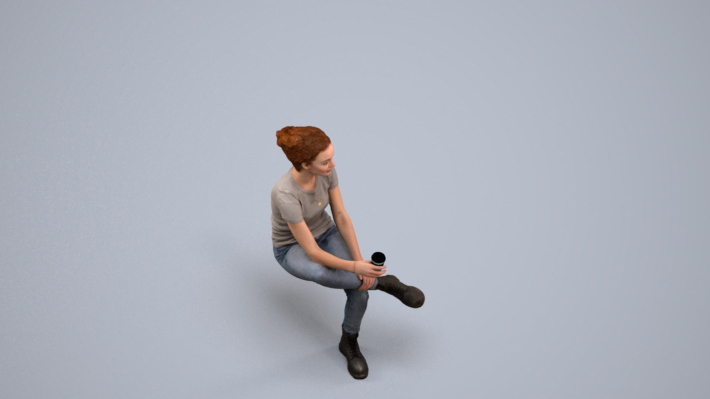 realistic 3D human woman casual sitting, archviz people FBX OBJ for Blender, back view render