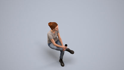 realistic 3D human woman casual sitting, archviz people FBX OBJ for Blender, back view render