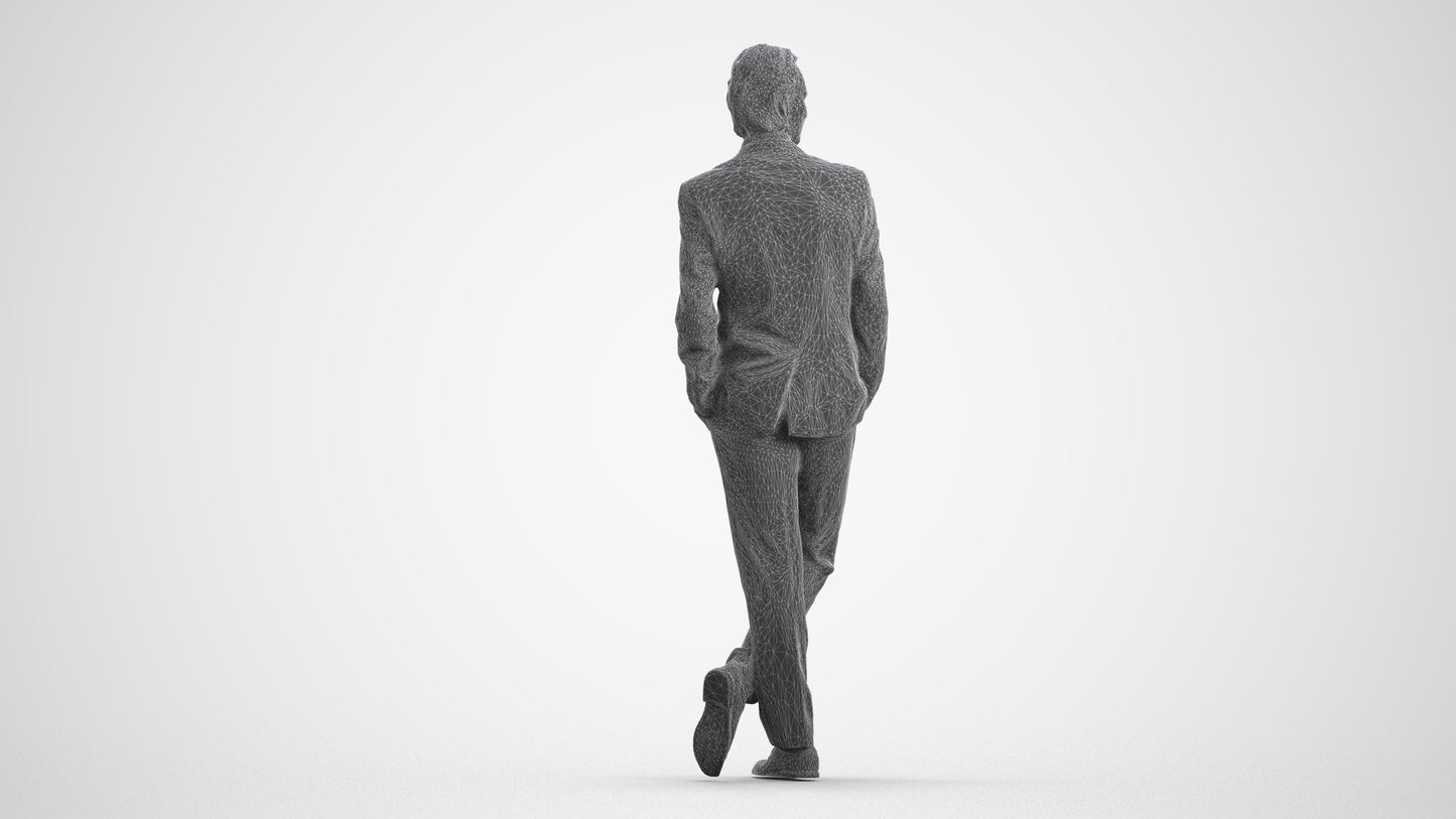 3D human model man business standing, photogrammetry scanned person for archviz, wireframe front view