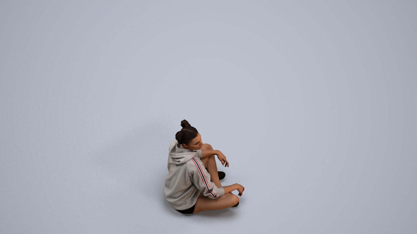 photogrammetry 3D woman casual sitting, realistic human model archviz FBX, back view render