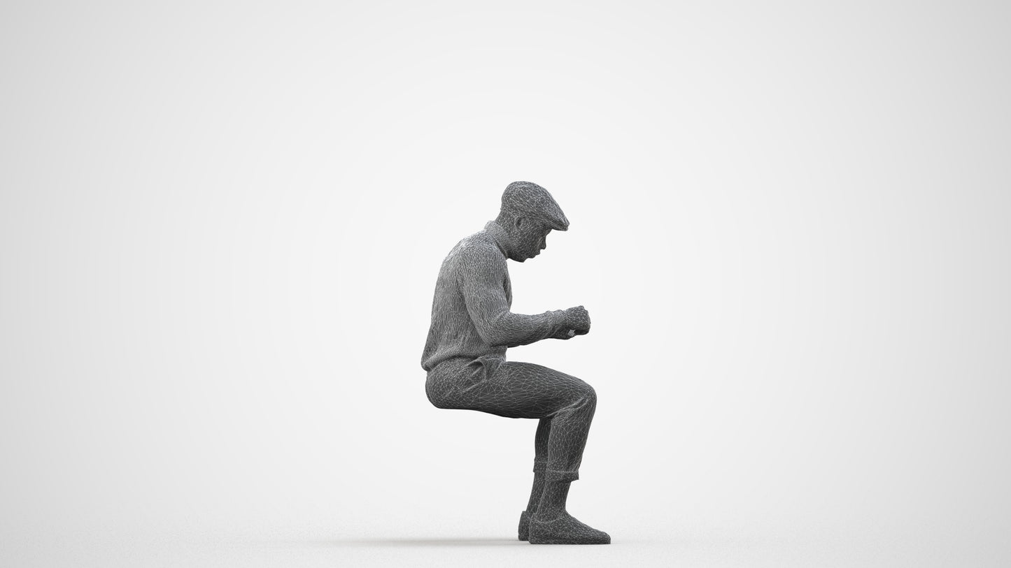 realistic 3D man casual sitting, scanned archviz people for Blender and 3ds Max, wireframe side view