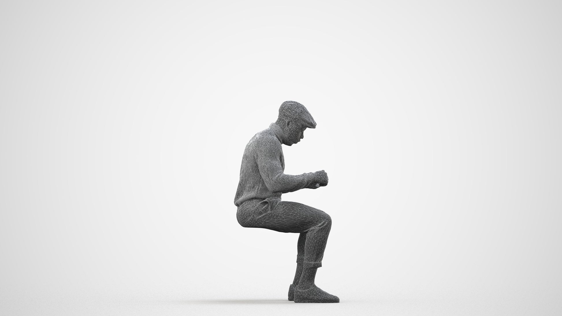 realistic 3D man casual sitting, scanned archviz people for Blender and 3ds Max, wireframe side view