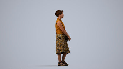 3D human model woman casual standing, photogrammetry scanned person for archviz, side view render