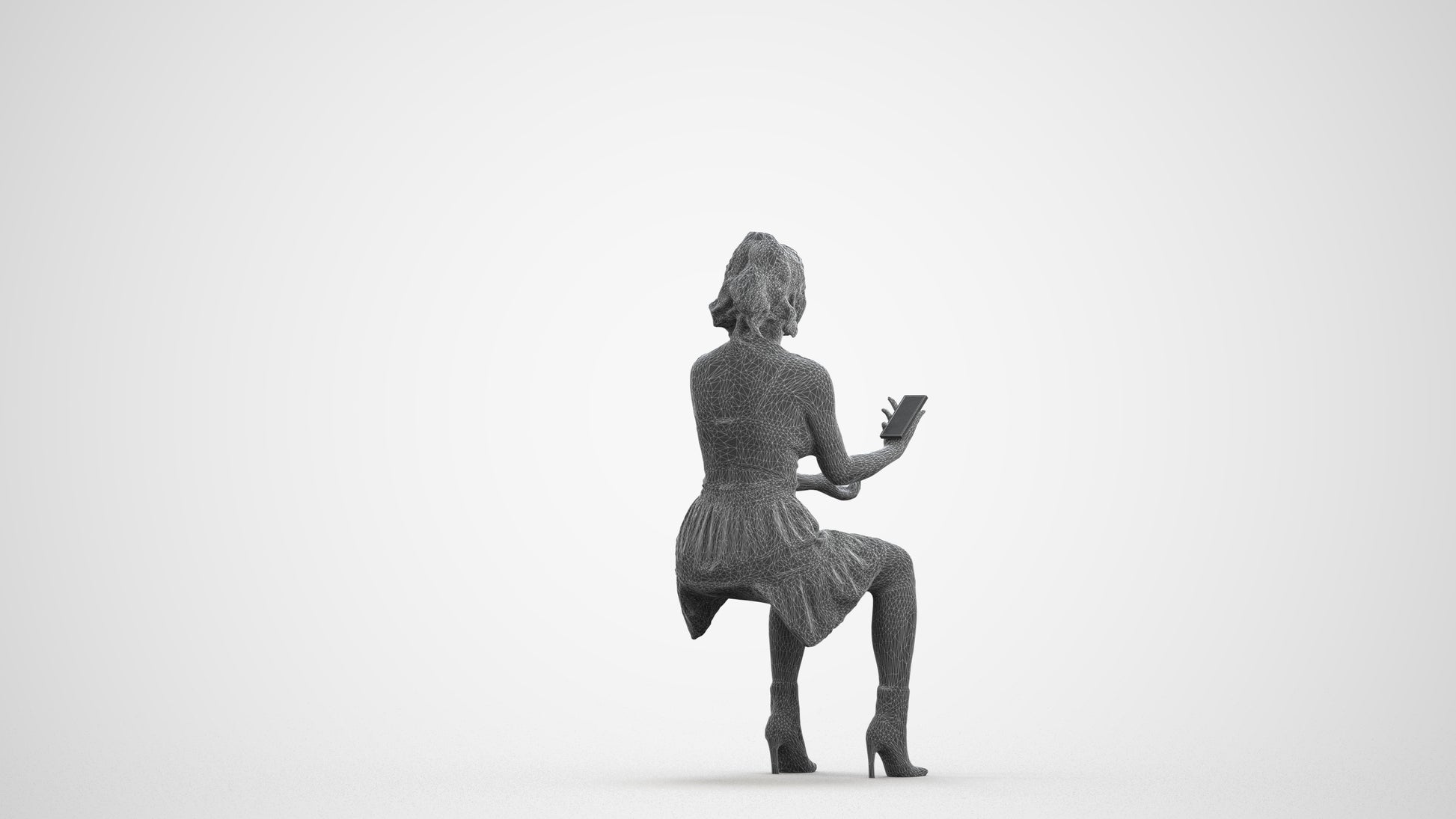photogrammetry 3D woman casual sitting, realistic human model archviz FBX, wireframe front view