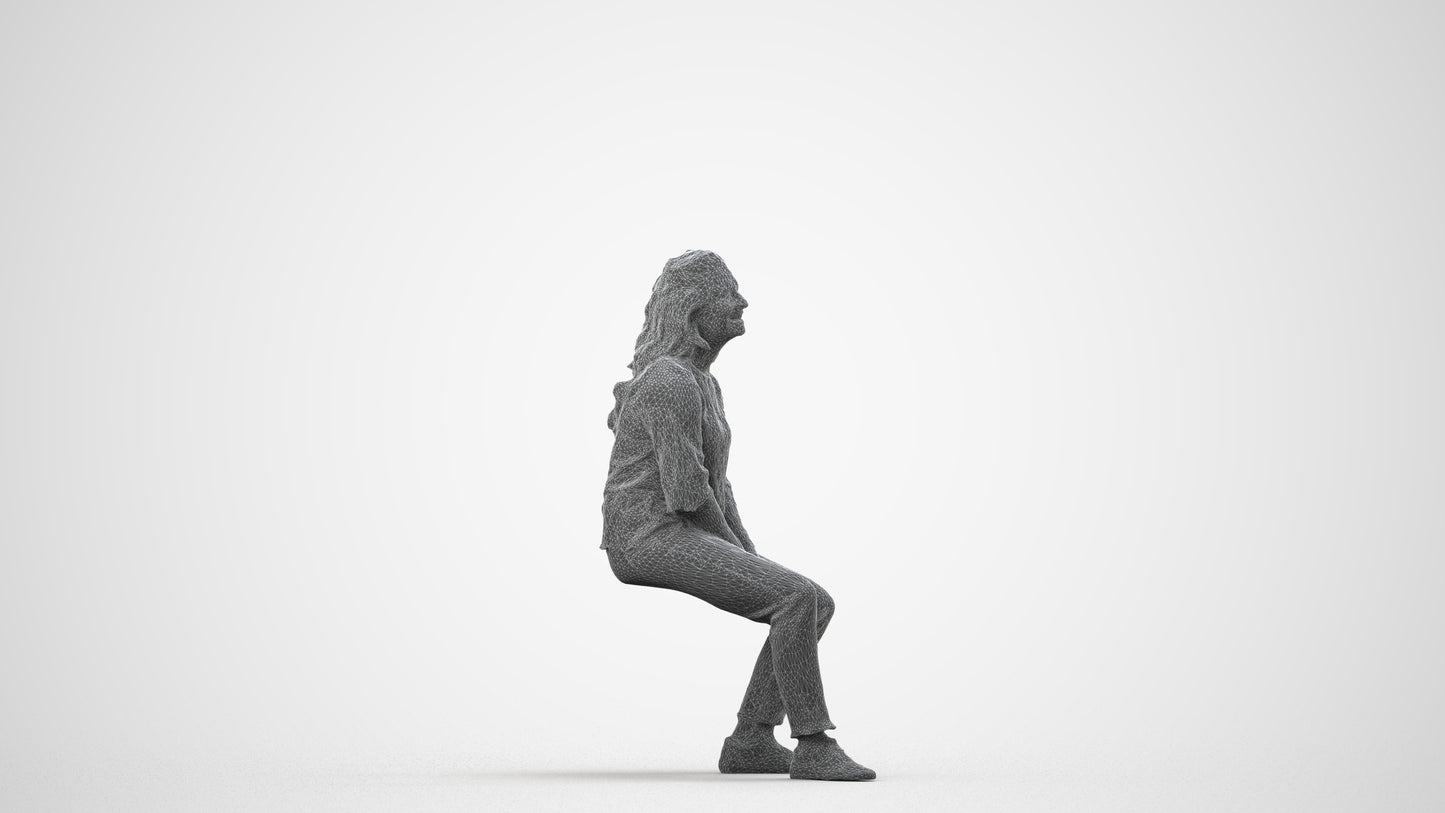 3D people model woman casual sitting, scanned human for 3ds Max rendering, wireframe side view