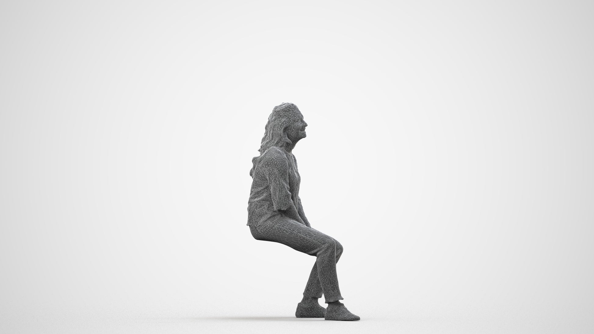 3D people model woman casual sitting, scanned human for 3ds Max rendering, wireframe side view