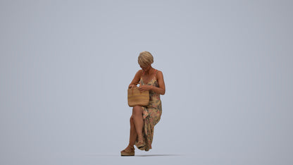 3D human model senior woman sitting, photogrammetry scanned person for archviz, top-down view render