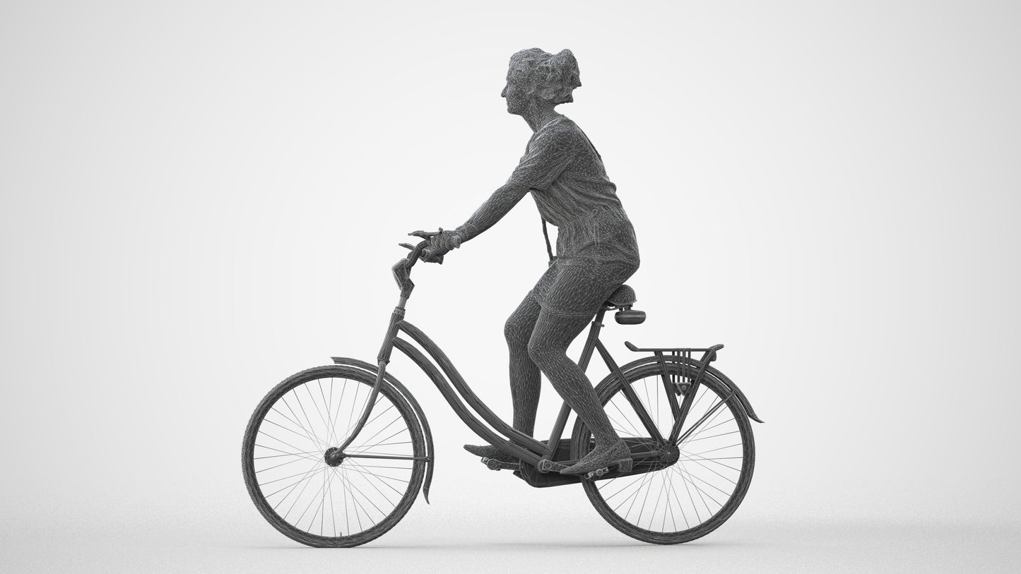 realistic 3D woman casual cycling, scanned archviz people for Blender and 3ds Max, square thumbnail